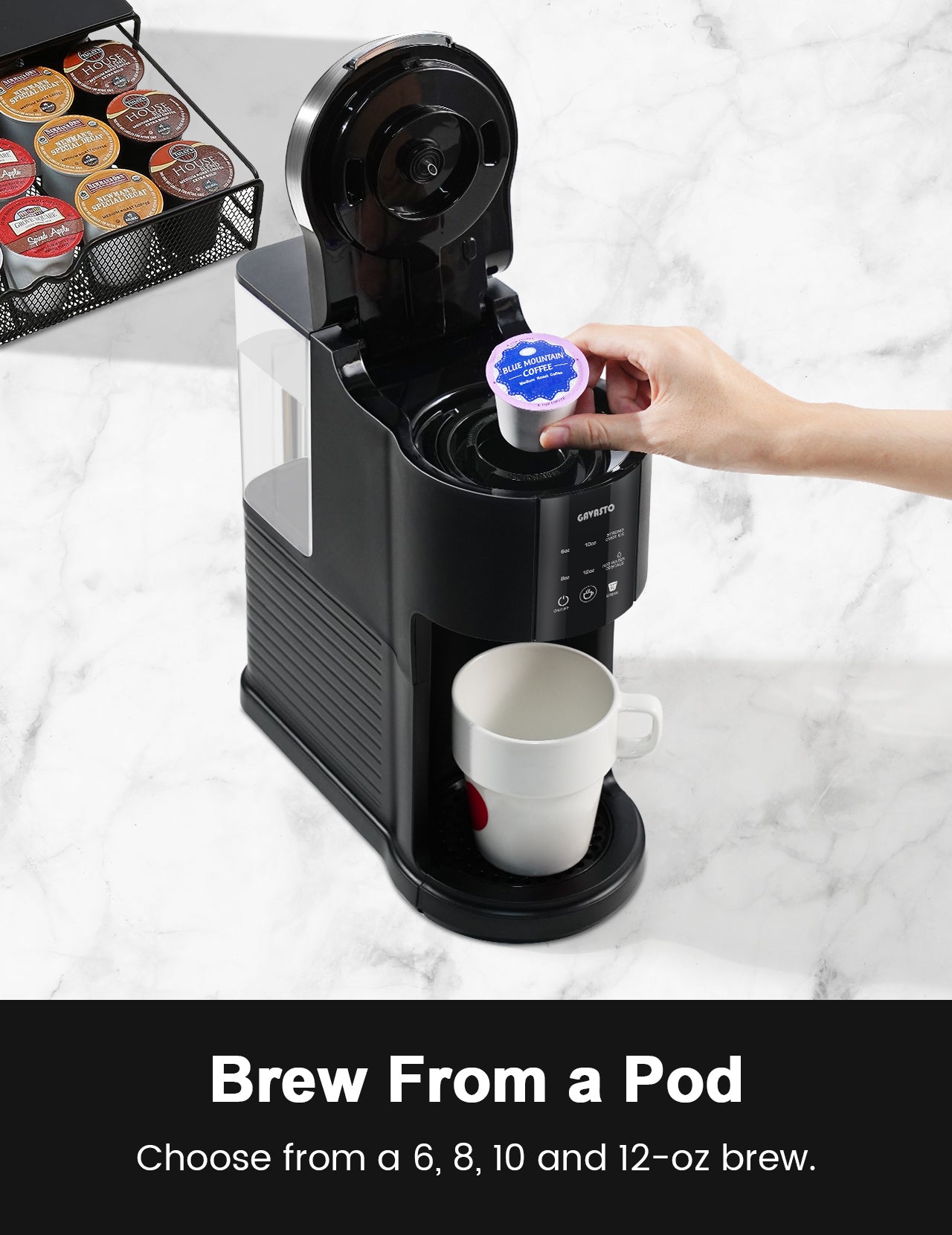 This K-Cup pod coffee maker brews multiple cup sizes